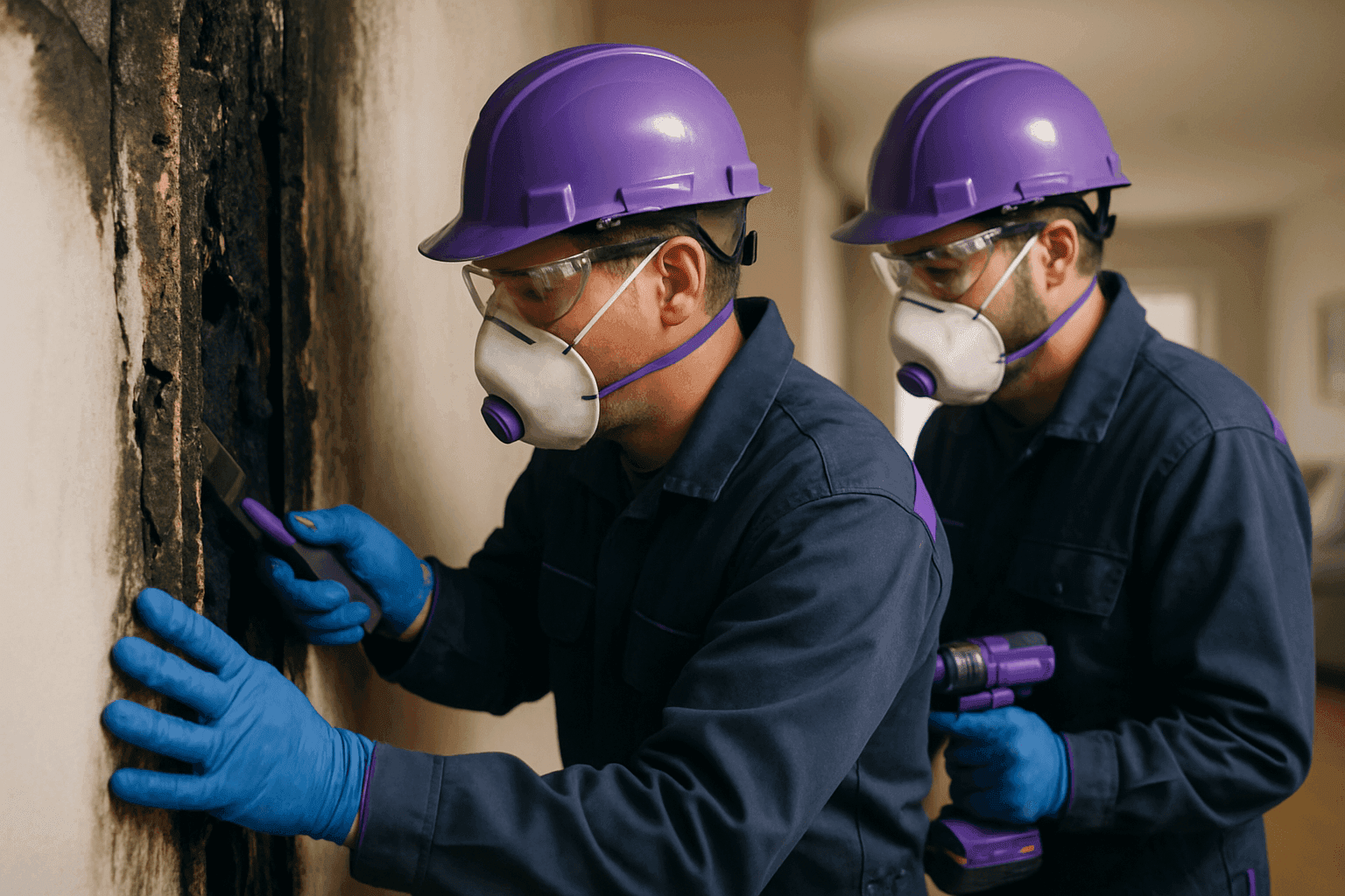 Two fire damage restoration workers in protective gear inspecting and repairing a residential wall