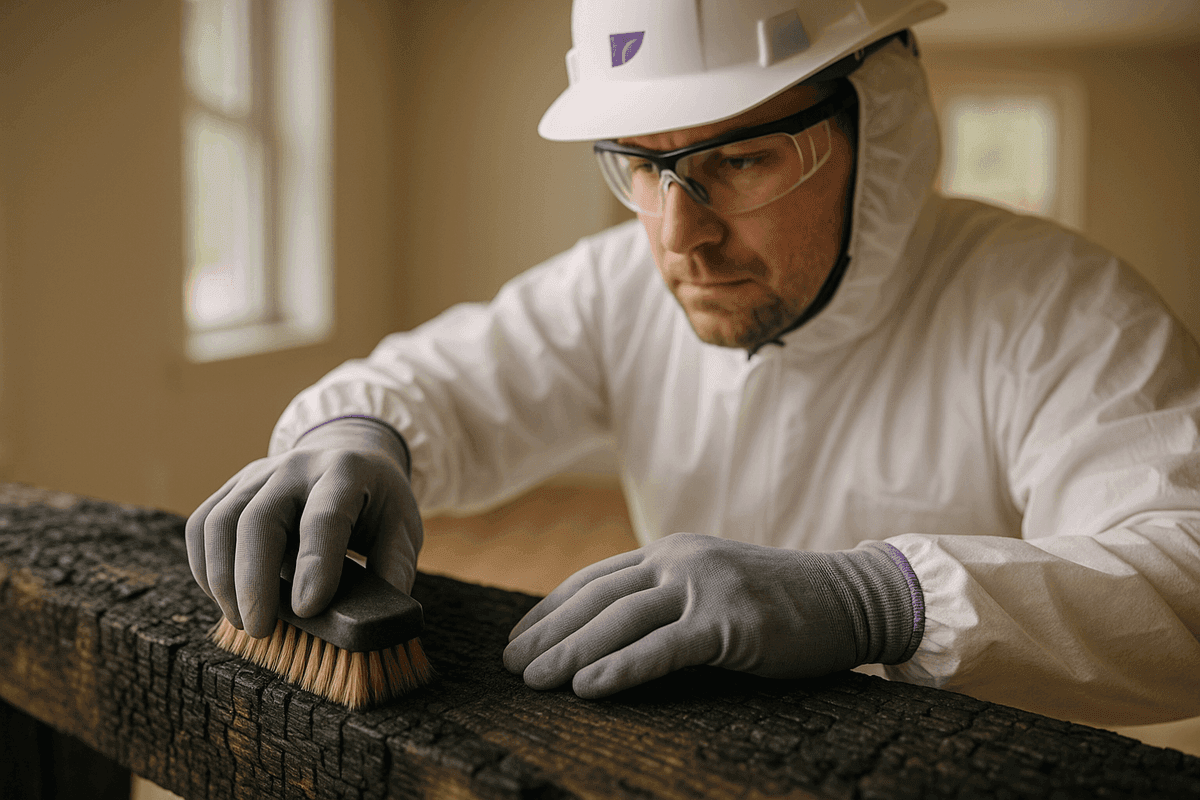 Close-up of gloved hands cleaning charred wood during fire damage restoration inside a home